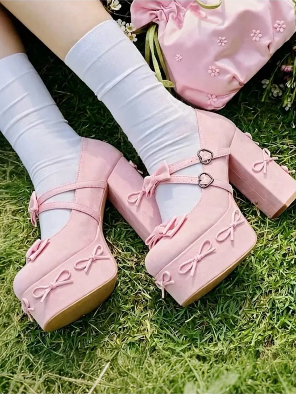 Pink Bow Platform Mary Jane Chunky Heels